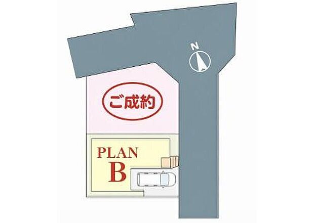 【全体区画図】
◎雨の日も濡れずに降りられるビルトインガレージ。
◎前面道路は住人以外の車の進入も少なく、小さなお子様を持つご家庭にも安心。