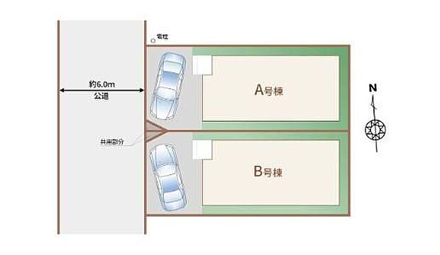 【全体区画図】前道が6ｍあるので、車庫入れが苦手な方でも安心して入れられます。