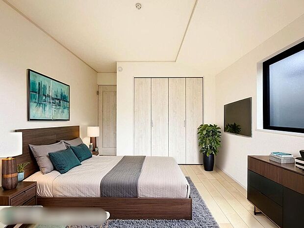 【ベッドルーム】南向きの主寝室は採光も明るく風通し共に良好です。ダブルベッドのサイズのベッドを配置しても十分な広さを確保できる寝室です♪※こちらはCGなどで画像生成したイメージ画像となります。