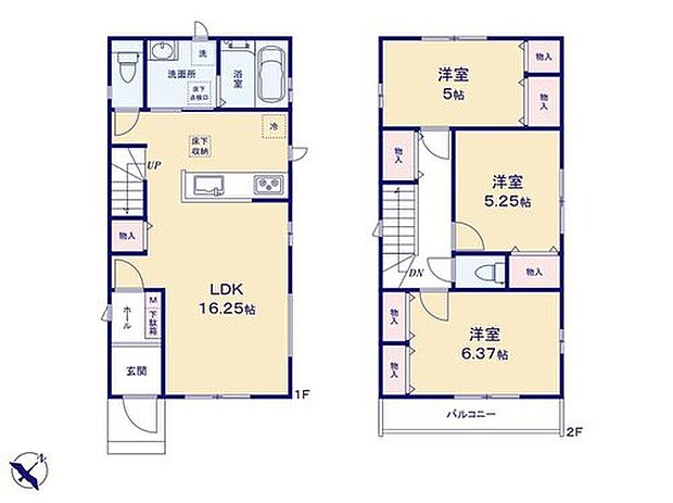 【3LDK】対面キッチンからリビングが見渡せる約16.25帖のLDK☆
水回りが集中しているので、家事がしやすい間取りです♪
オールフローリングでお手入れ・お掃除ラクラクです♪