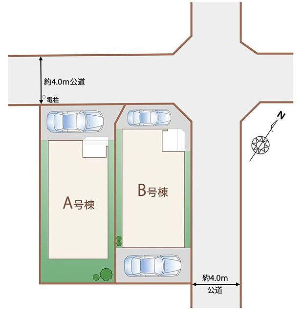 【全体区画図】前面道路は車通りが多くないので、お車の出し入れもラクラクです♪周辺には大きな公園も多くお子様をのびのびと子育てできる住環境です♪