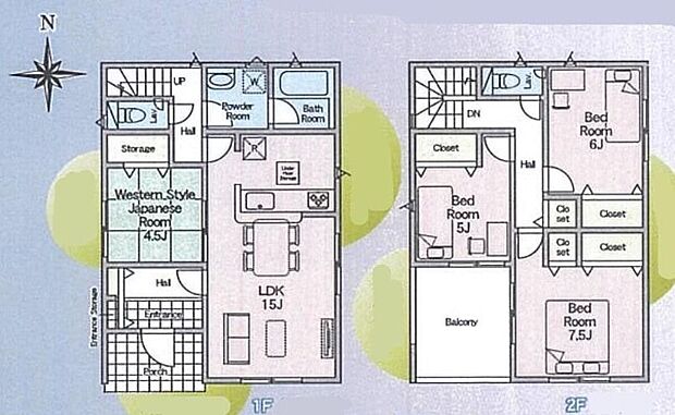 【4LDK】陽光が差し込む明るいLDK15帖♪帰宅後すぐに手洗いが出来る玄関直結の洗面室♪2階ホール収納は日用品や掃除道具を収納できて便利◎