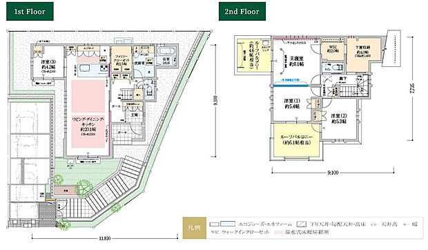【4LDK】LDKは約20.1帖の開放的な空間です。洗面室の隣に配置したファミリークローゼットはキッチン側にも通り抜けられ、快適な家事動線を確保。下屋収納につながるWICなど、収納スペースを豊富にご用意しました。