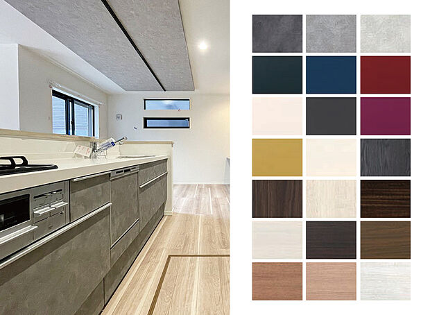 【【キッチン扉カラーセレクト】】キッチンのシンクカラーは2種類、扉カラーは標準プランで20種類セレクト可能。
上部吊戸棚は背面設置へも変更できます。