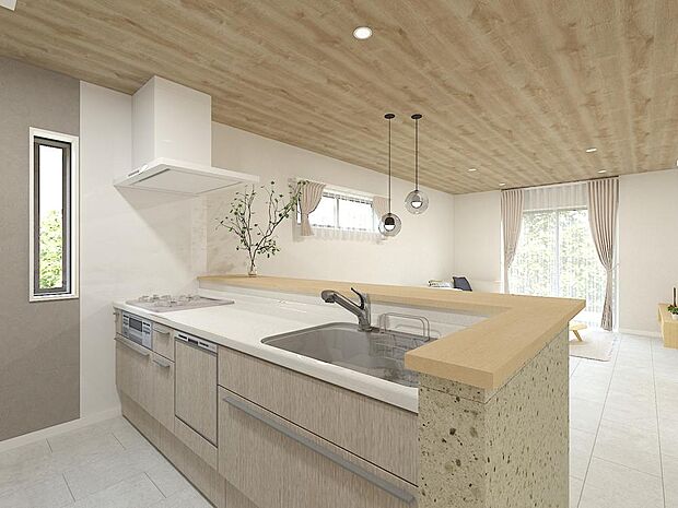 キッチン※完成予想パース(B) ■B棟は、「洗練された北欧インテリアデザイン」壁紙や照明などコーディネーターが手掛けたこだわりのお家です。