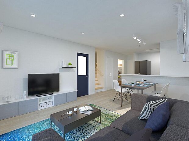 LDK※完成予想パース(C) ■南面からたっぷり光が入るリビングで、 子どもが遊び、大人はくつろぐ、何気ない時間が心地よく流れます。