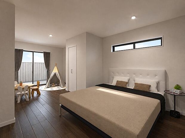 【洋室A、洋室B　※完成イメージパース（B）】2階には2部屋居室がありますが、そのうちの1室は、あとから間仕切りをして2つの部屋に分けることができるのです。お子様の成長に合わせて変化できるナカオホームの人気設計です。