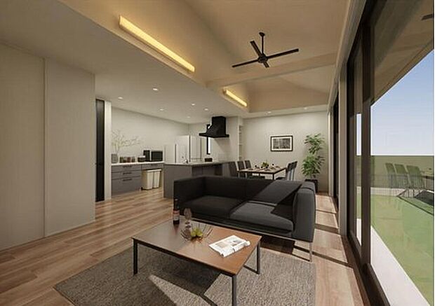 【No.4　LDK】南の窓から光がたっぷりと入る明るいLDK。庭ともつながり、平屋ならではのゆとりを感じる空間です。