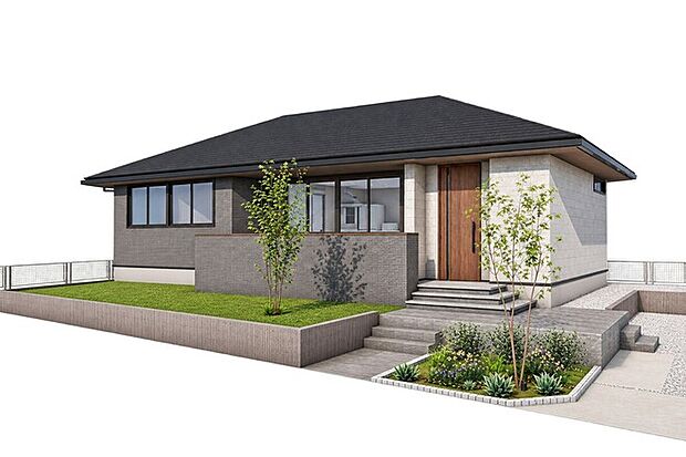 【平屋モデルハウス/2026年12月完成予定】メンテナンス性の良い全面タイル張り。大屋根の水平ラインが美しい邸宅感ある佇まい