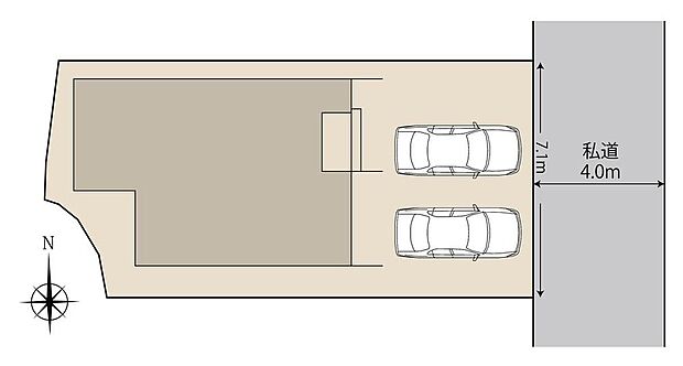 限定1棟。並列で2台駐車できるカースペースを確保し、前面道路は約4m。通勤やお出かけなど、日常使いに配慮された住環境です。