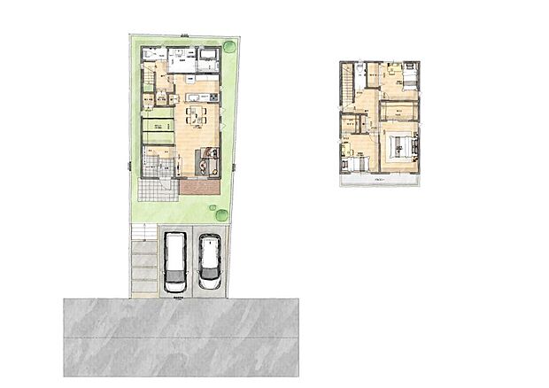 【No.2】参考プラン1階配置図と2階。駐車スペースを2台確保。お庭もとれるので、ガーデニングをしたり、ペットを走らせたり、楽しみが広がります。