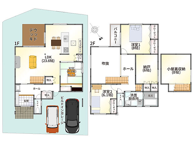 【3LDK＋サービスルーム＋小屋裏収納（固定階段付き）】ZEH住宅／UA値＝0.51／長期優良住宅認定／太陽光発電5.94kw／耐震等級3＋制震装置TRCダンパー／高気密・高断熱住宅／省エネ基準適合／フラット35s対応／オール電化／エコキュート／駐車2台可／ウッドデッキ（オプション）