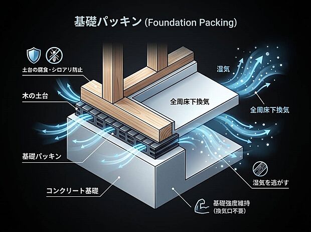 基礎パッキン 基礎と土台の間に挟む部材です。床下全体の換気を促して湿気やシロアリを防ぎ、建物の耐久性と基礎の強度を保ちます。