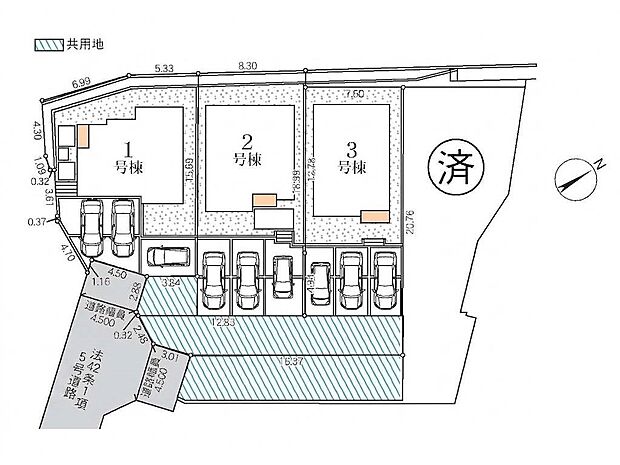 【全体区画図】東南に面した明るい住宅!全4棟の分譲地です。