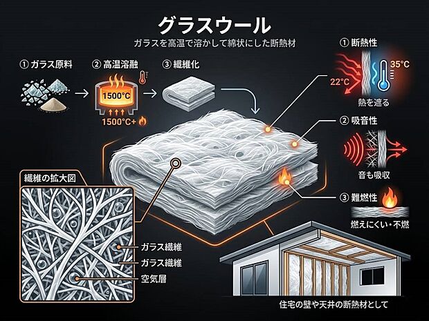 【グラスウール】グラスウール ガラスを溶かして綿状の繊維にした断熱材です。壁や天井に使われ、優れた断熱性と吸音性を持ち、燃えにくいのが特徴です。