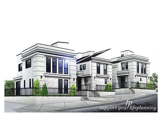 【プラン例　建物価格2200万円　建物面積100m2】白塗の外壁に白いタイルを掛け合わせ上品に仕上げ、窓サッシから屋根色まで、すべてにおいて、統一された配色。