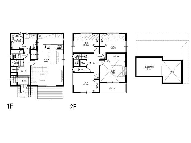 建物プラン例(1-2区画)4LDK、土地価格6980万円、土地面積166.5m2、建物価格2480万円、建物面積107.64m2