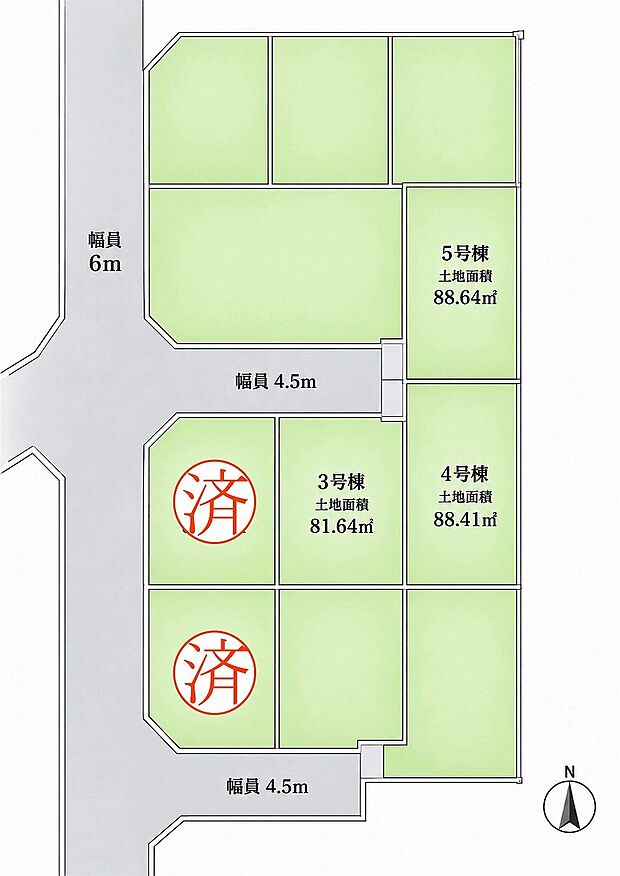高低差のないフラットな分譲地。前面道路は幅員4.5m・6mを確保しており、車の出し入れもしやすいゆとりある街並みです。区画が整った、開放感のある住環境も魅力です。