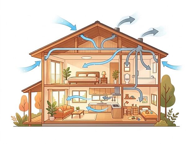 【24時間換気システム】24時間換気 シックハウス症候群などを防ぐため、住宅全体の空気を機械で常に入れ替えるシステムです。2003年からすべての住宅に設置が義務化されています。