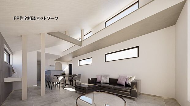 【その他】高窓から明るい陽光が差し込む、開放感あふれる吹抜けリビング。勾配天井が生み出すダイナミックな空間と、洗練されたモダンなデザインが魅力。