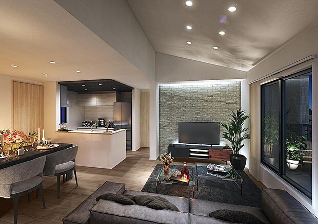 2階にLDKを設けた2号棟。バルコニーをリビングの延長として使えるプライバシー重視の邸宅です。石目調のアクセントウォールと間接照明でくつろぎの空間に彩りをプラス。（2号棟／内観完成予想図より）