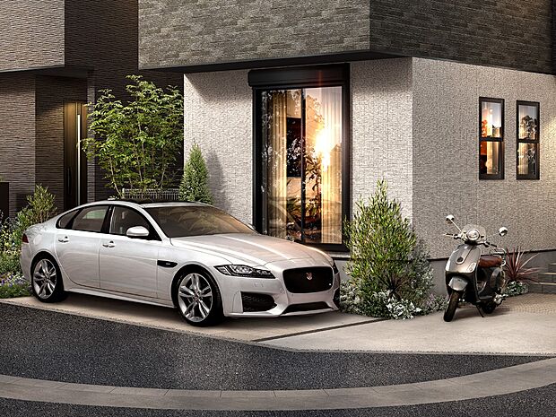 【カースペース】コンクリートと素材を交互にレイアウトしたデザインを施し、車が停まっていない時も美観を保ちます。※2台目は軽自動車対応となります。(1期街並みパース)