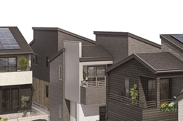 【街並完成予想図】【立体感を際立たせるカラーリング】家のフォルムに沿って外壁を貼り分け、デザイン性と立体感を持たせるとともに、高級感を出しています。（1期街並みパースより）