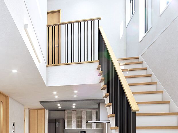 【その他内観】【リビング吹抜×リビング階段】吹き抜けのおかげで、縦に広がるリビングは開放感たっぷり。日中は電気をつけなくても明るく、リビング階段を通じて家族とのコミュニケーションも自然に生まれます。