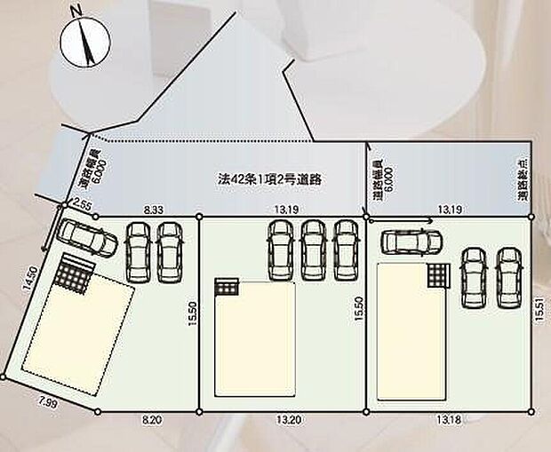 【全体区画図】カースペースは3~4台分ご用意しております