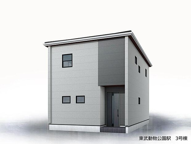 落ち着いたグレーの外壁のスッキリした2階建て。整然と配置された小窓と奥まった玄関が落ち着きを演出し、ほどよい存在感を放ちます。