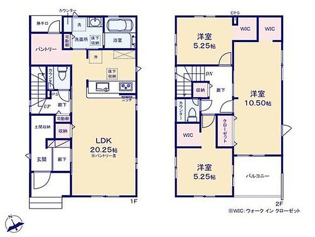 【3LDK】◆ＷＩＣ×３、玄関に土間収納、キッチンに大型パントリーなど収納豊富な間取り
◆動きやすいまとまった水回り設計
◆間仕切りを利用して間取りを4ＬＤＫに変更できます（工事有償）