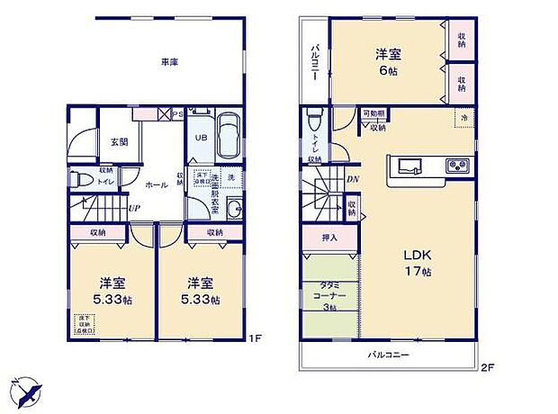 【3LDK】◆広くて明るい２階リビング◆リビングが見渡せる対面キッチン
◆リビングに3帖の畳コーナーが隣接した使い勝手の良い間取り
◆お部屋すっきり全室収納付き
◆日当たり良好！２面バルコニー