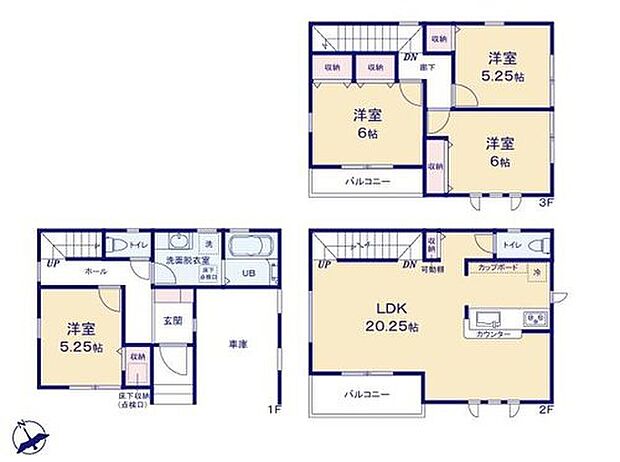 【4LDK】◆広くて明るい2階リビング◆リビングが見渡せる対面キッチン◆お部屋すっきり全室収納付き◆日当たり良好！2階と3階に南向きバルコニー◆お車２台駐車可（車種による・１台はビルトイン車庫）