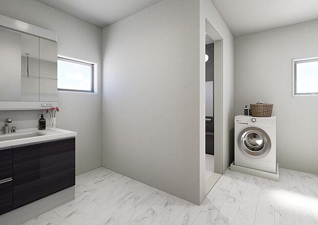 【完成予想図(サニタリールーム・内観)】【3号棟】サニタリールーム完成予想図
窓から心地よい陽ざしが差し込むサニタリールームは、明るく清潔感のある空間。毎日の身支度も気持ちよく行えます。