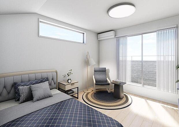 【完成予想図(寝室・内観)】【2号棟】寝室完成予想図
大きな窓からたっぷりと光が入る寝室は、開放感があり心地よく過ごせるプライベート空間です。