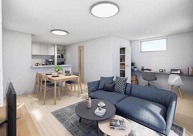 【完成予想図(内観・リビング)】【2号棟】リビング完成予想図
・広々としたくつろぎのリビングです。キッチンは対面式なので、リビングにいる家族とコミュニケーションをとることができます。