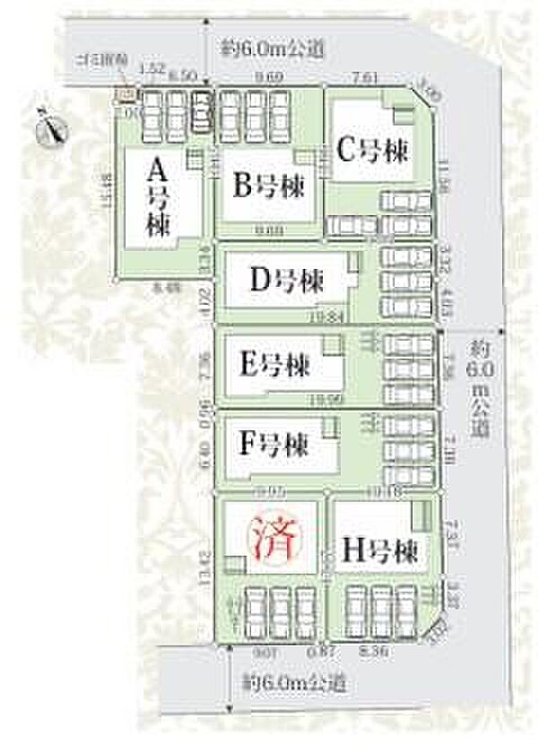 【全体区画図】◆【全８棟】全棟カースペース３台付きの新築分譲住宅◆敷地面積広々40坪以上！日当たり良好◆清門小学校まで徒歩9分◆新栄中学校まで徒歩4分◆新田駅、獨協大学前駅までバスが利用できます