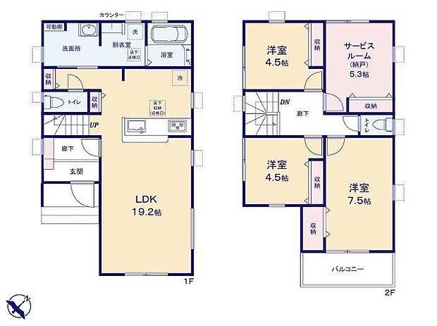 【4LDK】◆広々19.2帖のＬＤＫ♪
◆朝の忙しい時間も快適に♪広いランドリースペースと洗面所のある間取り
◆動きやすいまとまった水回り設計
◆お部屋すっきり全室収納付き
◆日当たり良好！南向きのバルコニー