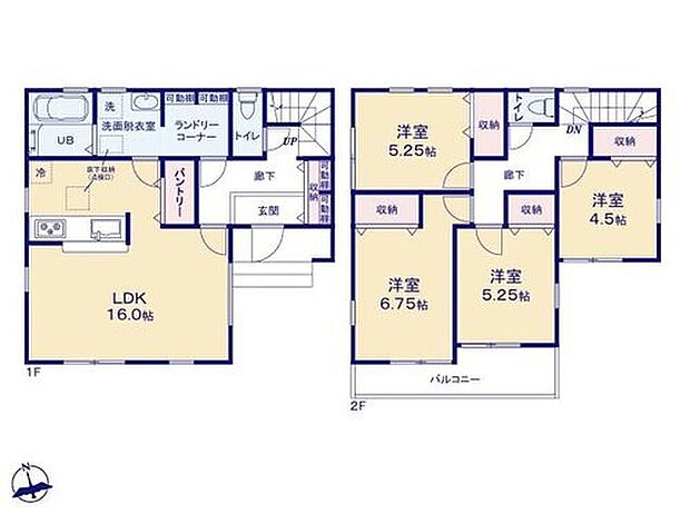【4LDK】◆広くて明るい16帖のＬＤＫ♪リビングが見渡せる対面キッチン
◆朝の忙しい時間も快適に♪広いランドリースペースと洗面所のある間取り