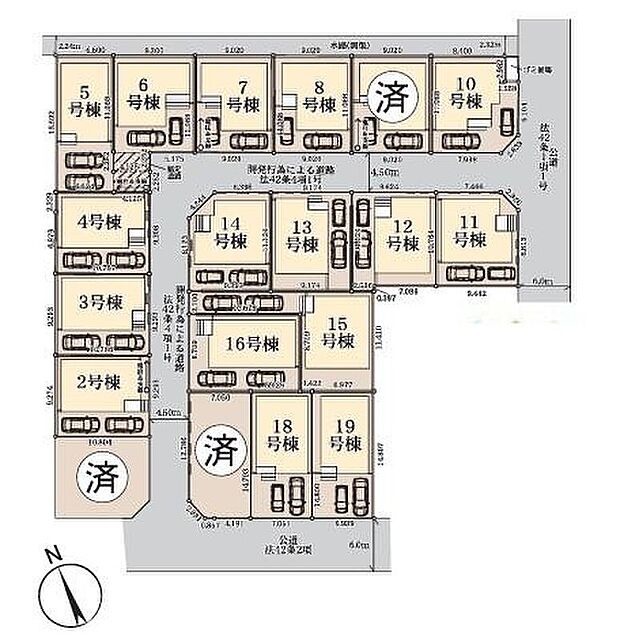 【全体区画図】◆全19棟の新築分譲住宅♪豊富なバリエーション、多彩なプランをご用意
◆子育てに優しい落ち着いた住環境
◆春日部駅まで約1500ｍ（車で約5分）
◆長期優良住宅取得物件◆全棟２台駐車可（車種による）