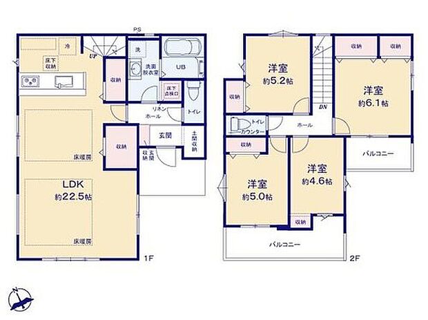 【4LDK】◆リビング広々22.5帖のＬＤＫ♪食洗機標準装備の対面キッチン
◆リビングダイニングには足元ポカポカ床暖房付き
◆ゆとりの４ＬＤＫ♪全居室収納＋リビング収納２ヶ所＋玄関に土間収納