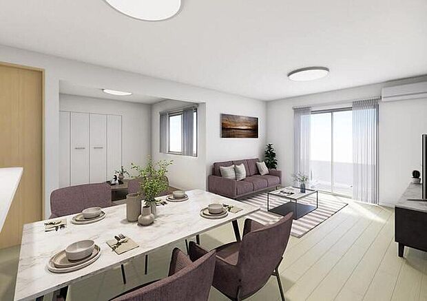 【完成予想図(内観)】日差しに包まれた明るいリビングで、家族それぞれの時間がゆるやかにつながる。何気ない瞬間が、かけがえのない思い出になる場所です。