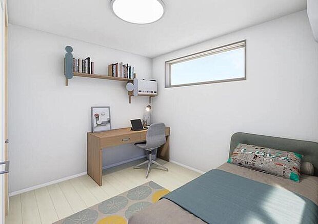 【完成予想図(内観)】2階の各洋室は二面採光を採用。複数方向から光が差し込むため、一日中明るく開放的な雰囲気に包まれます。自然光に満ちた快適な暮らしを実現できます。