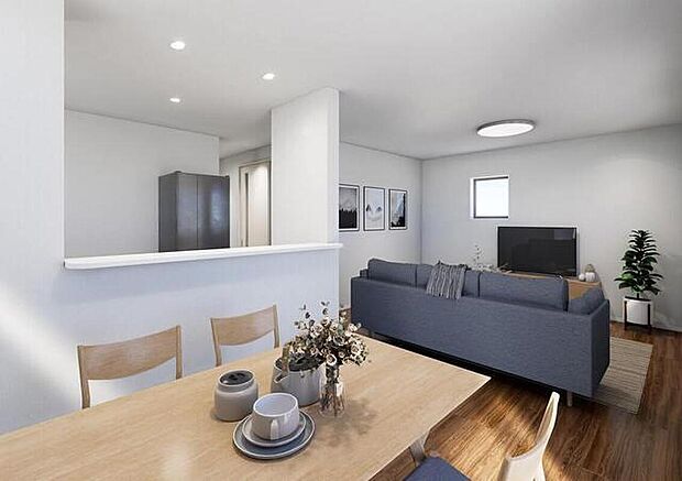 【完成予想図(リビング)】20帖の広々LDK!寛ぎとコミュニケーションを育む居心地のよい場所。※家具、家電、照明器具、小物、カーテン、その他のイメージはCG です。