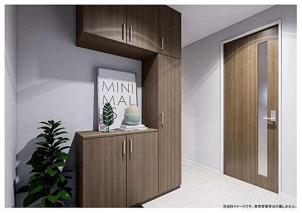 【完成予想図(玄関)】住まいの第一印象を彩る、明るく清潔感のある玄関。画像はイメージパースであり、実際の仕様・色味等と異なる場合があります。