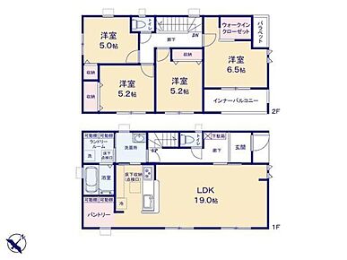 ◆広々19帖のＬＤＫ♪ご家族そろってゆっくり過ごせます◆動きやすいまとまった水回り設計◆全室収納付き♪４ＬＤＫの間取り◆キッチンにはすっきり片付くパントリー♪◆24時間換気システムほか設備も充実！ 