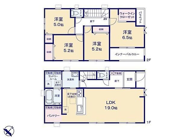 【4LDK】◆広々19帖のLDK♪ご家族そろってゆっくり過ごせます◆動きやすいまとまった水回り設計◆全室収納付き♪4LDKの間取り◆キッチンにはすっきり片付くパントリー♪◆24時間換気システムほか設備も充実!
