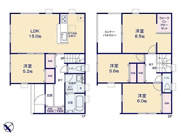 【4LDK】◆リビングが見渡せる対面キッチン◆お部屋すっきり全室収納付き♪8.5帖の主寝室にはＷＩＣもあります◆24時間換気システムなど設備も充実しています