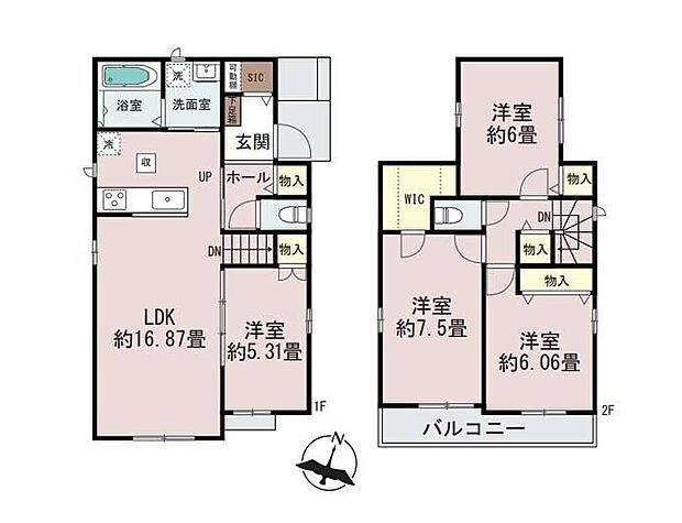 【4LDK】◆使い勝手の良い1階居室!リビングと接する扉を開放すると22帖超えの大空間へ♪
◆SIC、ホール収納、WICなどで空間がすっきり片付きます♪
◆2階全居室6帖以上でプライベート時間ものびのび過ごせます♪