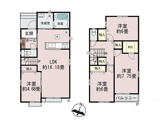 【4LDK】◆玄関から近いキッチン×水回り集中設計で家事導線がスムーズな間取り♪
◆WICや2箇所のホール収納で空間がすっきり片付きます♪
◆2階全居室6帖以上でプライベートの時間ものびのび過ごせます♪
